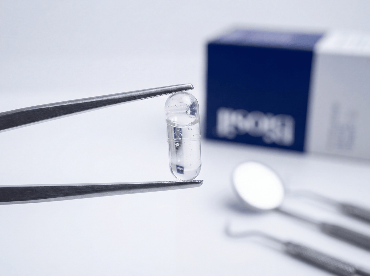 Biosil Professional Dental Support liquid capsule held with tweezers beside dental instruments