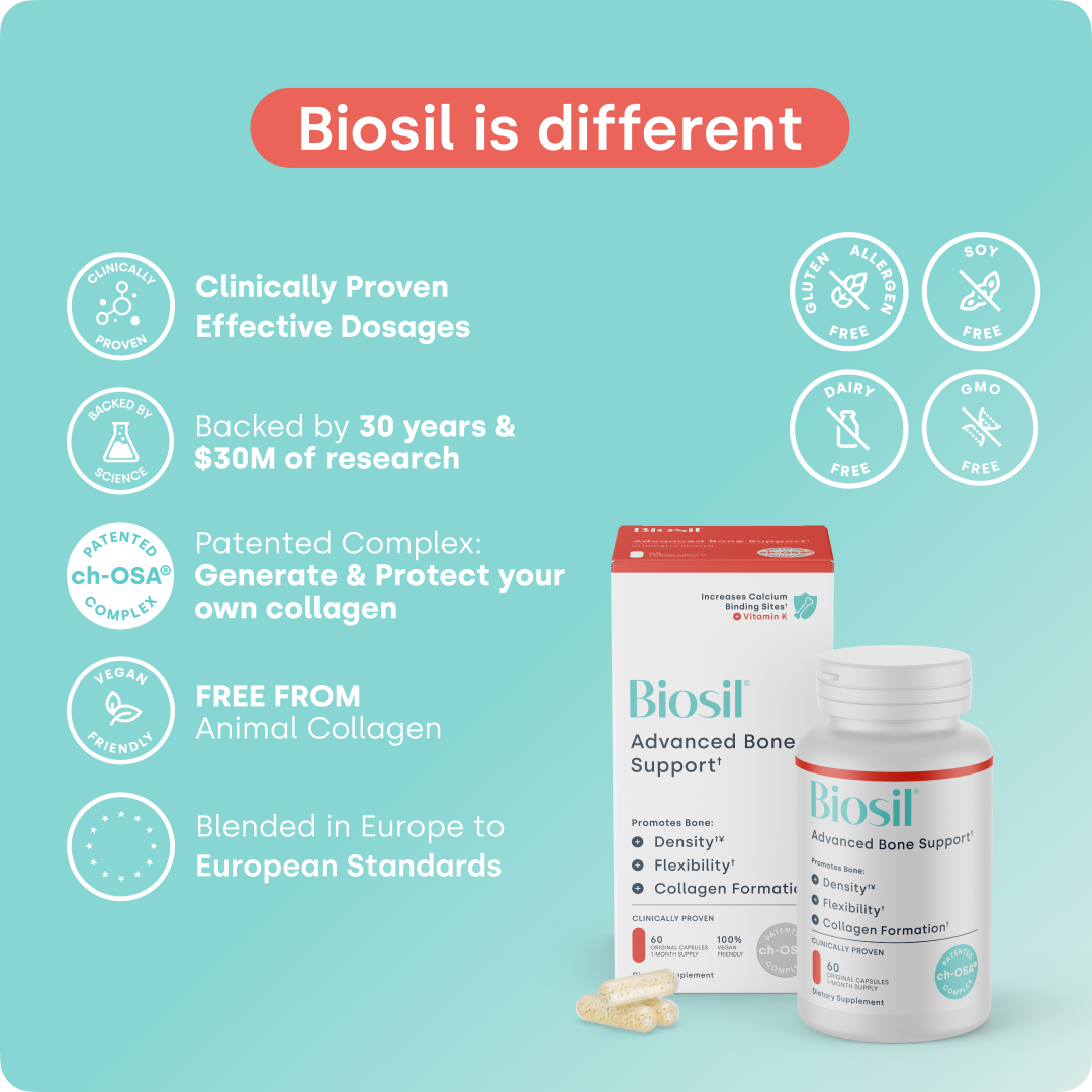 Biosil Advanced Bone Support quality badges: vegan, GMO free