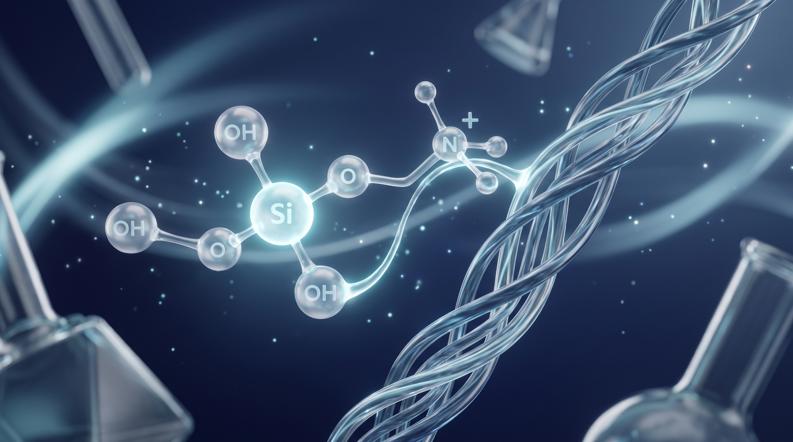 ch-OSA molecular structure (choline-stabilized orthosilicic acid) and collagen triple helix, scientific 3D illustration